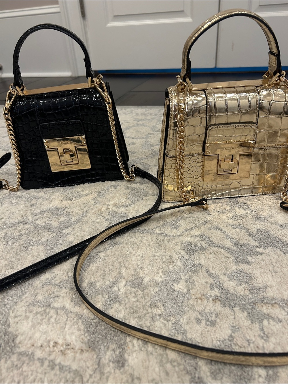 ALDO- Croc-Embossed Top-Handle Crossbody Bag in Black and Gold